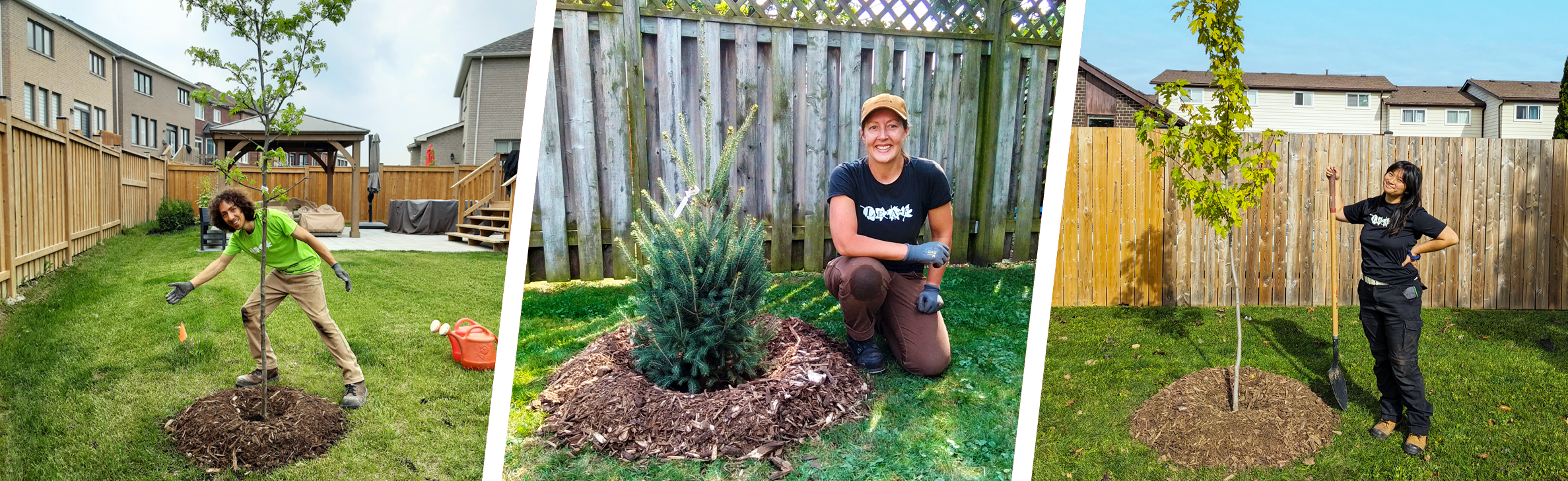 collage showing three LEAF staff posing with newly planted trees