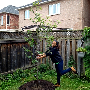 LEAF staff planting a tree in a backyard(© 2018 Brenna Anstett / LEAF)