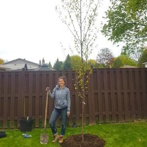 Adriana Rezai-Stevens, LEAF Planting and Stewardship Coordinator, after planting a paper birch(© 2019 Adriana Rezai-Stevens / LEAF)