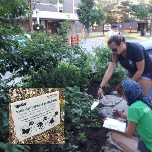 Collage of: 1) Garden Stewards tending to the Spadina Garden in the spring, 2019 and 2) The winter garden sign(© 2019 Brian Millward / LEAF and Kaja McDonald / LEAF)