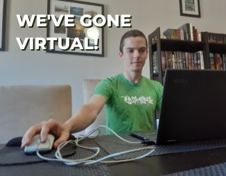 Young man sitting in front of the computer. Text reads, "We've gone virtual!"