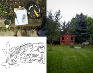 Landscape architecture tools, a map, and a finished yard. 