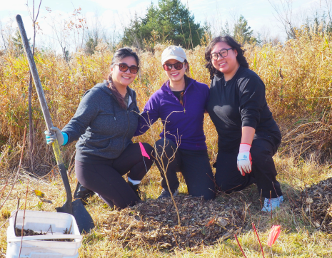 Three volunteers posing with a newly planted tree at a community planting event 