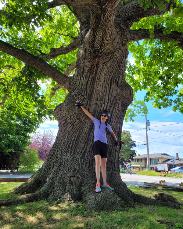 Jess stands under a massive oak tree during a bike trip through the Niagara Region in 2022 