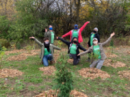 six people celebrating surrounded by young recently planted trees