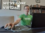 Young man sitting in front of the computer. Text reads, "We've gone virtual!"